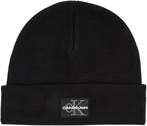 Calvin Klein Jeans Herren Strickmütze Mono Logo Beanie mit Patch, Schwarz (Black), Einheitsgröße