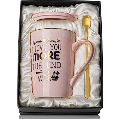 Gifts for Girlfriend, Valentine Gifts for Her, Funny Birthday Gifts for Wife - I Love You More The End I Win, 14oz Golden Pattern Marble Mug with Gift Box,Anniversary Present for Her, Christmas Gifts