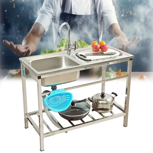 Fregadero Exterior Jardin Con Grifo Y Banco De Trabajo Fregadero Portatil Autonomo Con Estante De Almacenamiento Fregadero Industrial Acero Inoxidable Fregadero Cocina 1 Senos Garaje Lavadero (Size :