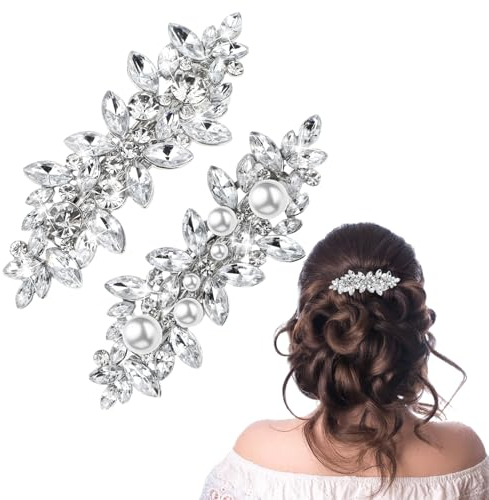 Mabor Haarnadeln Hochzeit,2 Stück Haarnadeln Perlen Haarschmuck Hochzeit Haarschmuck Silber Perlen Strass Weiß Silber Haarspange Braut Brautjungfer Haar Zubehör für Frauen und Mädchen