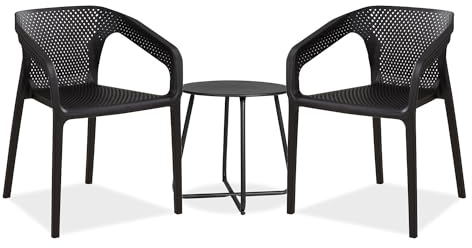 Homestyle4u 2712, Gartenmöbel Set 3 teilig Schwarz Gartenstühle 2er Set mit Gartentisch wetterfest Balkonstuhl bequem