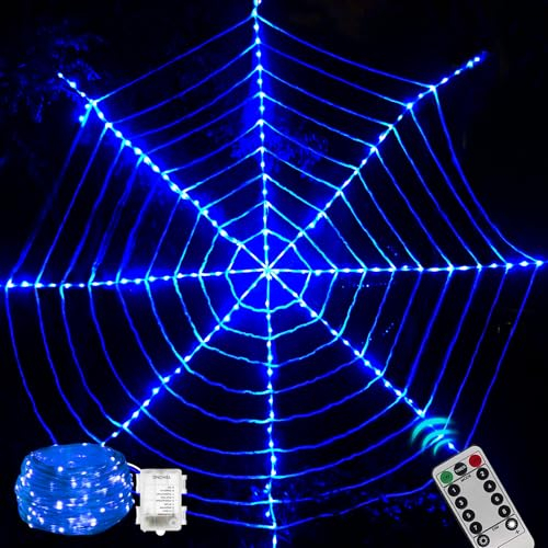 Maxee 114 LED Halloween Spinnennetz Lichter Deko, 3,6 m Riesige Runde Netzlicht Lichterkette mit Fernbedienung (8 Modi & Timer), Lichternetz Dekoration für Fenster Garten Drinnen Außen - Blau