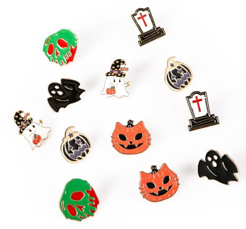 12pcs Épingles d'Halloween, Monstre d'Horreur Fantôme Citrouille Chat Noir Pierre Tombale Épingles en Émail Alliage de Zinc Broches Effrayantes Épingles à Revers pour à Dos Veste Vêtements