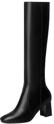 Asterisco Stivali Alti Al Ginocchio da Donna con Tacco Largo Tacco Medio Boot Square Toe Zip Stivali da Vestito, O34863Mt Nero Numero 43 EU/45Cn