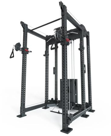 Atletica R8 Alpha | Power Rack | Squat Rack & Kabelzug | 180kg Steckgewichte für Cable Cross, Latzug, Rudern | Klimmzugstange, J-Hooks | 6-Pfosten | Farbe Schwarz