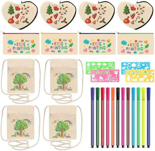 Stoffbeutel zum Bemalen Set für Kinder, 12 Stück Taschen Bemalen, mit Zeichenstift und Zeichenlineal, Herzform DIY Taschen zum Bemalen für Kinder, Geeignet für Geburtstagsfeiern und Schulaktivitäten