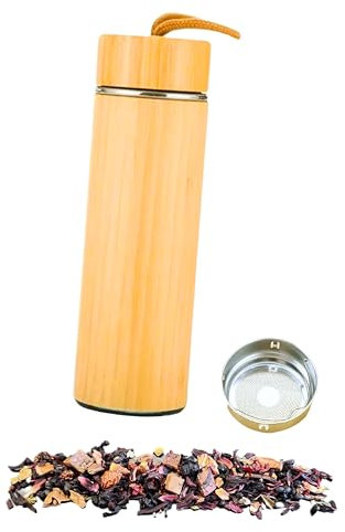 Ktchnhlprz Tea bottle with tea strainer, bamboo rope, double-walled stainless steel, removable tea strainer, up to 6 hours warm and up to 8 hours cold drinks, thermos flask