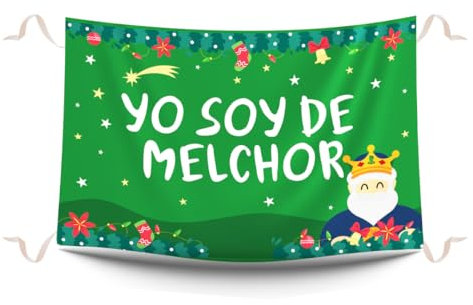 Balconeras de Navidad Yo soy de Melchor. Decoración navideña y colgaduras divertidas de Navidad. Reposteros navideños para decorar balcones impresos en tela mate. Medidas 100 x 70 cm.