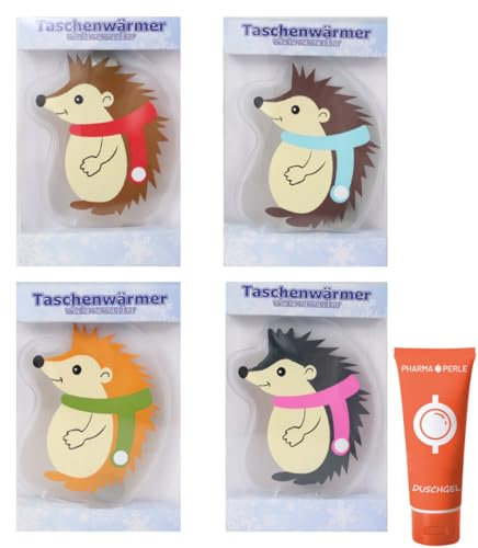 Taschenwärmer wiederverwendbar, Handwärmer, Wärmekissen, Wärmepads, Fingerwärmer für Kinder und Erwachsene, Outdoor Camping Wandern, Verschiedene Motive, 4 Stück, Plus Pharma Perle give-Away (Igel)