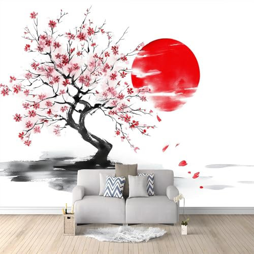 Peinture À L'Encre Fleurs De Cerisier Japonais Papier peint intissé Blanc Rouge Décoration Murale Poster Tableaux Muraux Tapisserie Photo Effet 3D 200x140 cm