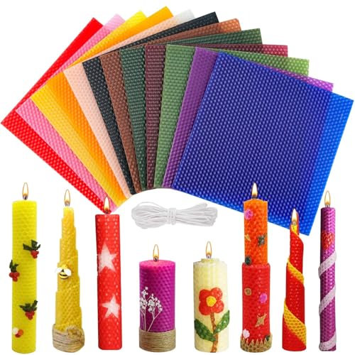 QMofeixiaodianQ Bienenwachskerzen Set, 14 Bienenwachsplatten für Kerzen, Wachsplatten DIY Bastelset, Bienenwachsplatten, Bienenwachskerzen Selber Machen Set für Kinder, Kreatives Geschenk