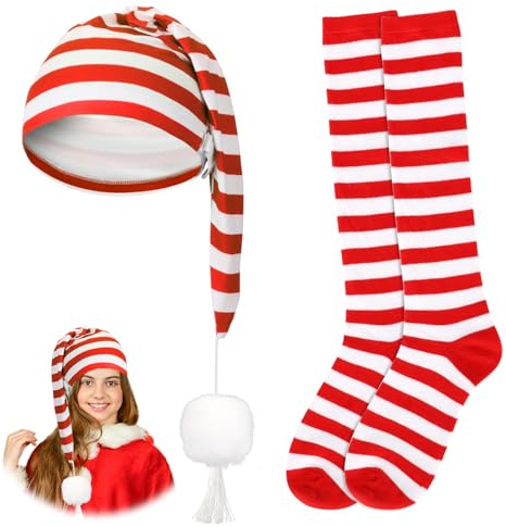 WDFCN Schlafmütze Karneval Socken Gestreift Rot Weiß Satz Kniestrümpfe Zipfelmütze Ringelstrümpfe Schlafmütze Mit Bommel Nachthaube für Weihnachten Schlafwandler Kostüm Party Fasching JGA (Rot Weiß)