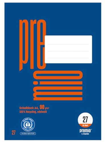 Staufen premio Schulblock - 5 Hefte je 50 Blatt, DIN A4, Lineatur 27 (9 mm liniert), 4-fach Lochung, 90 g/m² Recyclingpapier