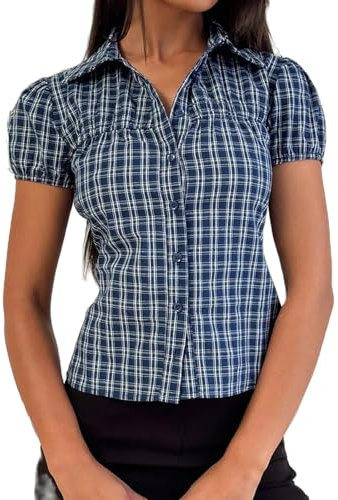 YILEEGOO Women's Basic Button Down Shirts Cap Sleeve Lapel Collar Tight Blouse Tie Up Back Slim Fit Tops Summer Office Shirt (Plaid Blue, XL)