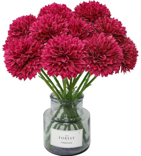 Tinsow 12Pcs Artificial Chrysanthemum Flowers Faux Bright Red Ball Flowers Burgundy Fall for Christmas Autumn Farmhouse Home Decoration (12,Bright Red)