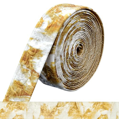 Chingcoo Bordüre Selbstklebend,10m x 8cm x 5 mm Tapetenbordüre Selbstklebend, Wasserdicht Bordüre 3D, Fliesen Roll Border Trims für Ecken Linien Decken Dekoration (Goldener Stein)