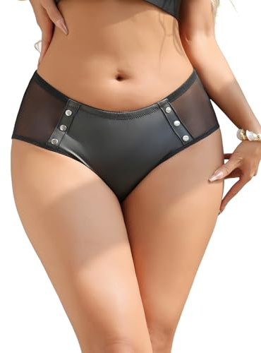 sunshinelady Unterhose Damen Sexy String Tanga Dünn PU Slip Brazilian | Mesh Panties Große Größen Unterwäsche Und Dessous Für Mollige Transparente Reizwäsche Curvy Clubwear Underwear