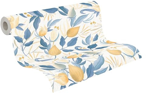 Livingwalls Cosmopolitan 790626 Non-Woven Wallpaper Flowers Leaves White Blue Yellow Floral Wallpaper 10.05m x 0.53m