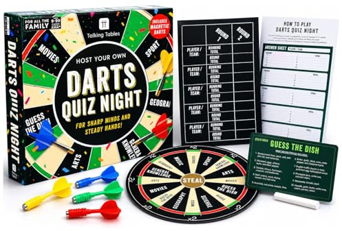 Talking Tables Darts Quiz Night Game - Magnetic Dart & Trivia Pub Quiz Hybrid, Reusable Board with Questions, Scoreboard, Chalk Props & Trophy, Family Games Gift, Players 4+, Ages 9+