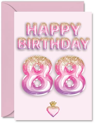 88th Birthday Cards for Women and Men, Pink & Purple Glitter Balloons | Happy Birthday Card for 88 Year Old Man Woman Nanny Grandad Nan Grandma, A5 Bday Greeting Cards
