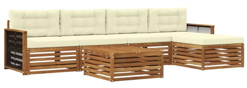vidaXL Outdoor-Sofagarnitur mit Kissen 6 pcs Natur und Creme, Patio-Sofa, modernes Eckset, wetterfester Gartenlounge, Bequeme Terrassenplätze für entspannte Zeiten