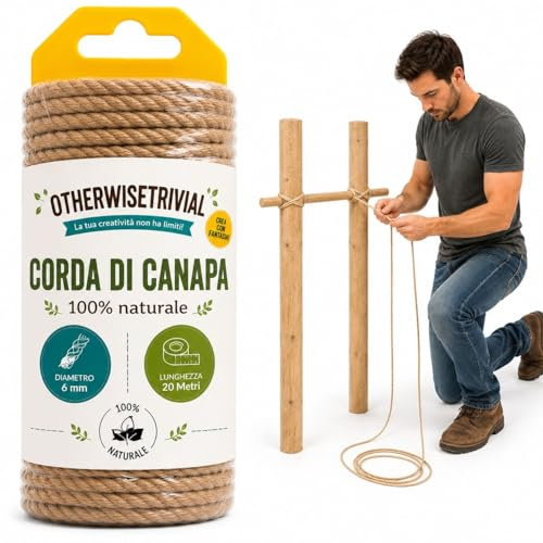 Corda di Canapa Naturale 100%, Spago Multiuso per Giardinaggio, Decorazioni, Macramè e Fai da Te, Disponibile in 4mm, 6mm, 8mm (6 mm x 20M)