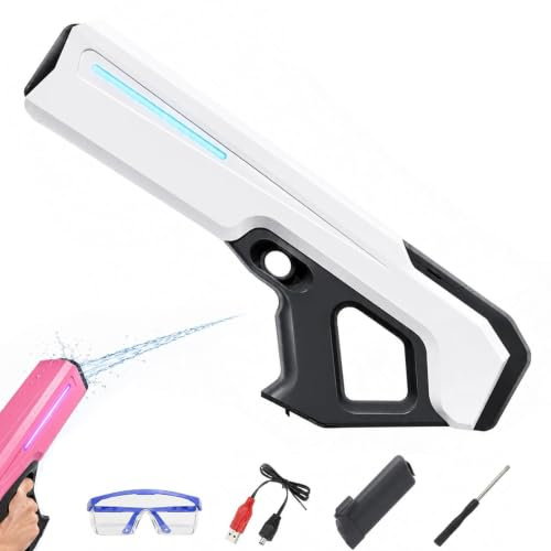 High Tech Water Gun, Electric Water Blaster with Automatic Water Intake, LED Flowing Lights, Muzzle Flash Effect, Rechargeable Automatic High Powered Squirt Gun for Kids Adults Summer Outdoor (White)