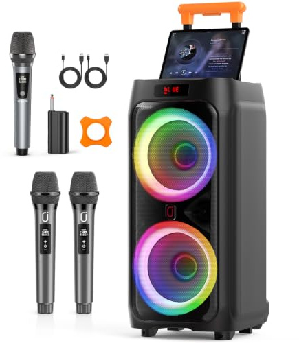 JYX 500W Large Karaoke Machine with 2 Microphones & Extra 1 UHF Microphones | 24 Portable PA System for Adults with Handle & Wheel, Adjustable Treble, Bass & Echo, TWS Pair for Party Karoke Clear Vocals