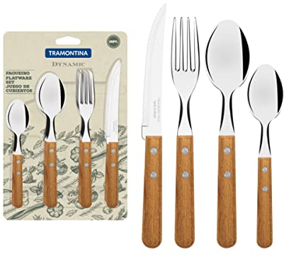 TRAMONTINA - Juego de Cubiertos Dynamic, para Comida, en Acero Inoxidable y Mangos de Madera Natural, Utensilios con Remaches de Aluminio, 16 Piezas
