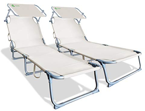 VOUNOT 2er Set Sonnenliege mit Dach, Klappbare Strandliege, Gartenliege Liegestuhl, Sonnendach und Rückenlehne Verstellbar, 190 x 58 x 27 cm, Beige