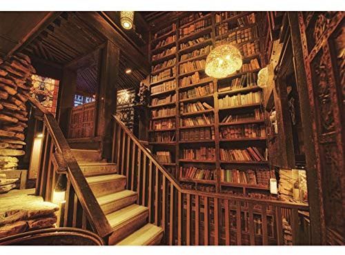 YongFoto 10x8ft Vinyl Photography Backdrop Antique Wooden Library Interior Bookcase Book Shelf Stairs Background for Photography Portrait Photo Props Party Decor Video Studio Photo Booth Backdrop