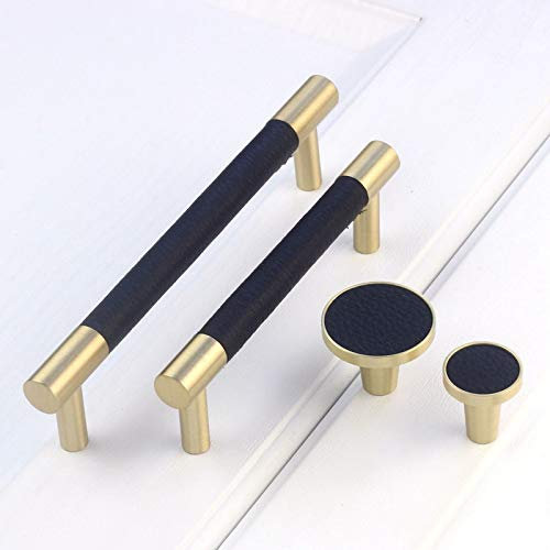 Modern Black Leather Kitchen Cabinet Knobs and Handles Brass Drawer Dresser Pulls Gold Cupboard Wardrobe Door Handles 128mm 2Pack (2,Hole CC 128mm)