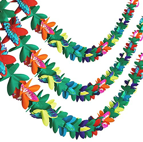Kesote 3Pcs Tropical Tissue Garland - Multicolored Flower Leaves Banner for Luau Party - 27ft