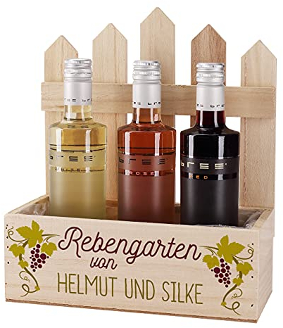 Herz & Heim® Wein-Geschenkset mit 3 Flaschen BREE in einer bedruckten Pflanzkiste Rebengarten