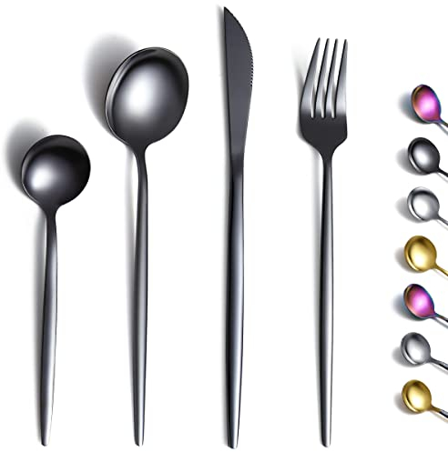 Kyraton Black Cutlery Set 24 Pieces, Stainless Steel Flatware Set, Titanium Plating Black Silverware Set Strong Anti Rust, Dishwasher Safe, Tableware Set Serving 6 People.