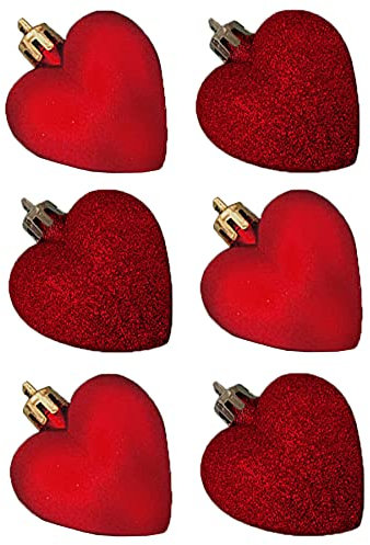 6 Pack 50mm Glitter / Plain Hearts Christmas Decoration - Red 8414
