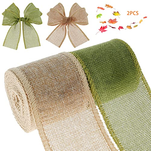 camouflage net 2 Rollen Juteband, Vintage Leinen Dekoband Geschenkband, Stoffband für Party Geschenke Handwerk Dekoration, Warme Weihnachten, 5m/Rolle, 6cm Breit(Beige + Grün)