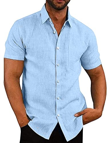 COOFANDY Hemden Herren Kurzarmm Leinenhemd Sommer Hemden Strand Hemd Kurzarmhemd Freizeithemd Hemd Männer mit Brusttasche Leicht Himmelblau 2XL