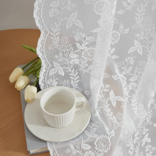 FINECITY Weiße Spitzenvorhänge, 160 cm Länge, Landhauszweig, Blätter, gewellt, Florale Spitze, durchscheinende Vorhänge für Schlafzimmer, Privatsphäre, Vintage-Spitzenvorhänge für Fenster, 132 x 160