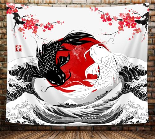 Japanischer Anime-Wandteppich, Schwarz und Weiß, Yin Yang Koi-Fisch, Wandteppich für Schlafzimmer, ästhetisch, asiatisches Kanagawa, tolle Wellen, Kirschblüten, Heimdekoration, 152x127 cm