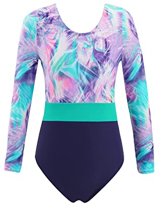 iEFiEL Mädchen Turnanzug Langarm Leotard Gymnastik Trikot Einhörner Muster Klassisch Gymnastikanzug für Kinder mit Kreuzen Rückchen Lila + Grün 134-140