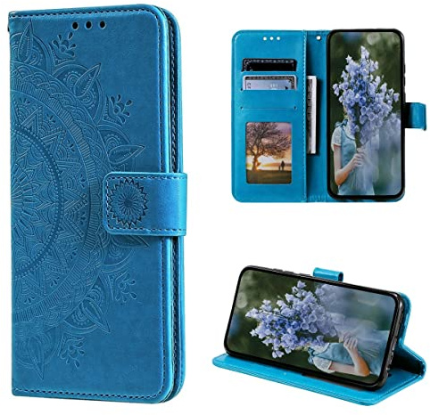 CoverKingz Handy Cover kompatibel mit iPhone 14 Plus - Handyschutz mit Kartenfach Klapphülle - Bookcase Hülle aufklappbar Motiv Mandala Blau