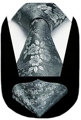 HISDERN Ties for Men Black Tie and Pocket Square Set Woven Classic Floral Tie Silk Necktie and Handkerchief for Wedding Party Business