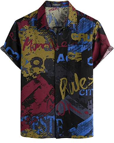 LucMatton Men's Casual Linen Breathable Print Hawaiian Shirts Summer Short Sleeve Button up Tropical Tops Black Red Medium