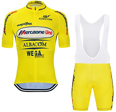 SGCIKER Marco Pantani Gelb Pro Team Retro Mercatone Uno Fahrradtrikot Set Herren Sommer Kurzarm Atmungsaktiv MTB Fahrradbekleidung Trägersets 9D Gel Pad(4XL)