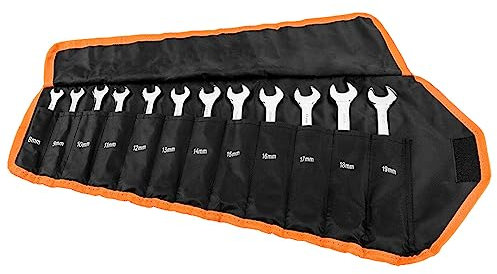 NEO Tools Ratchet Ring Spanner Set with 12 Flat Combination Spanners with Ratchet and Switch/Switch Lever 8-19 mm, Includes Practical Storage Bag, CRV Steel