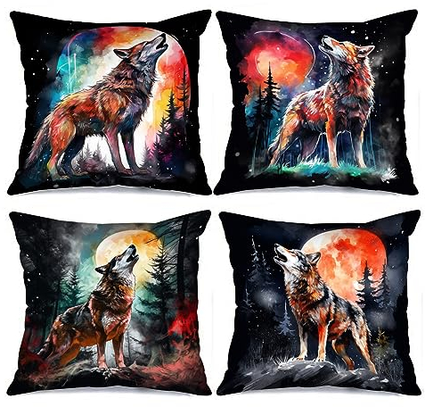 Tucocoo Lot de 4 housses de coussin décoratives modernes 45,7 x 45,7 cm, motif loup en gros plan, animal de la forêt, taie d'oreiller carrée fantaisie pour canapé, lit, voiture, terrasse