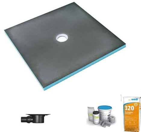 Receveur de douche à carreler 120 x 120 WEDI Fundo Primo écoulement centrée + bonde horizontale + kit d'étanchéité + colle 320