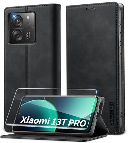 Lanhiem Handyhülle für Xiaomi 13T Hülle, Xiaomi 13T Pro Hülle mit Panzerglas, Premium PU Leder Schutzhülle, RFID Sperrung Flip Wallet Case für Xiaomi Mi 13T/13T Pro Klapphülle, Schwarz
