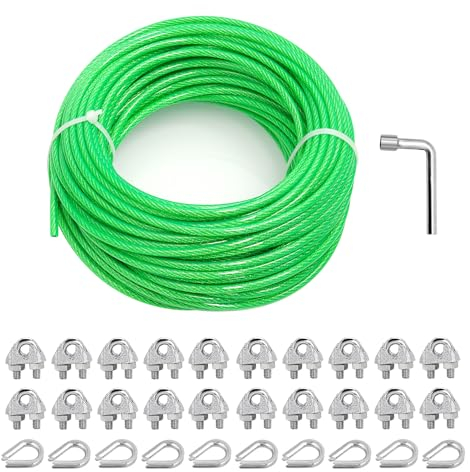 hannger 5MM Drahtseil 30 m PVC Ummanteltes Stahlkabel, Multi-use Clothes Line Kabel für T Post | Kletternde Weinreben Pflanzen im Freien | String Licht hängenden Kit